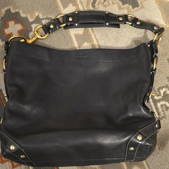 Coach Dark Leather Shoulder Bag with Gold Accents - Picture 2 of 4
